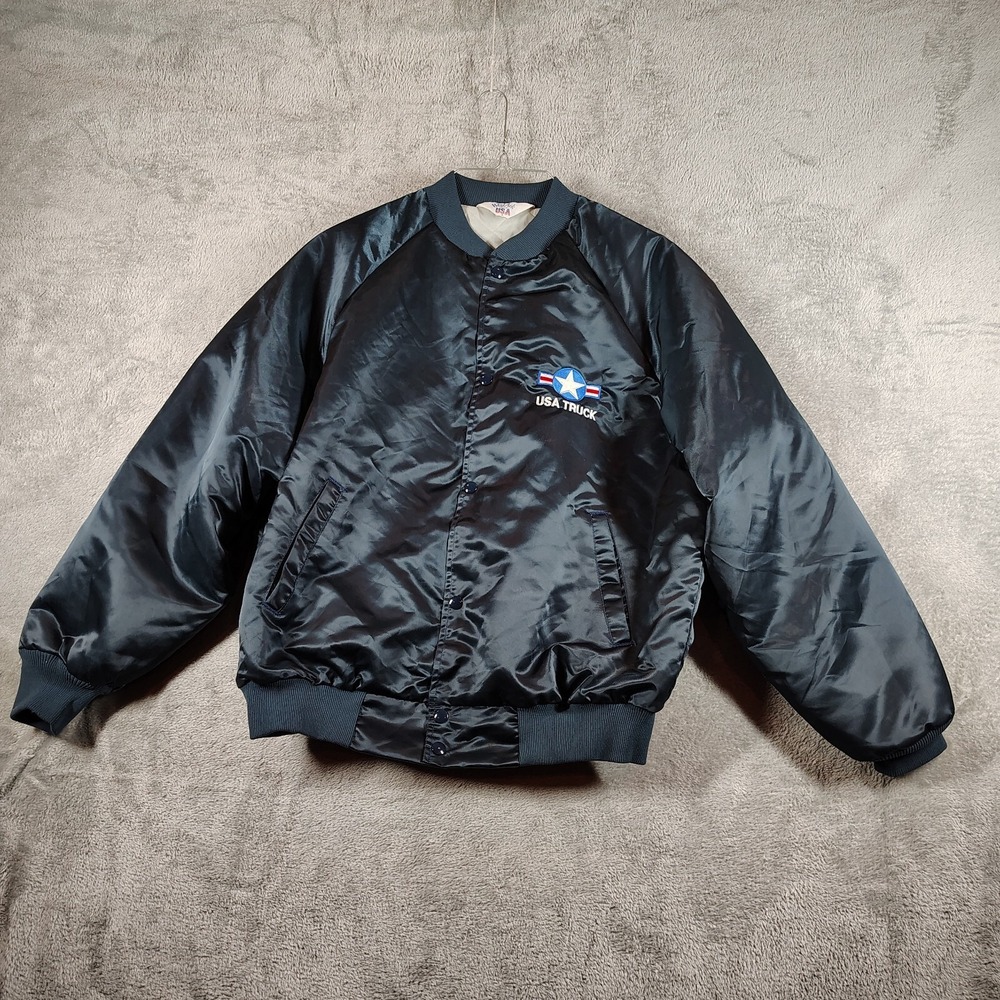 Vintage West Ark‎ Blue Satin Bomber Jacket Large Made in USA USA TRUCK Trucker